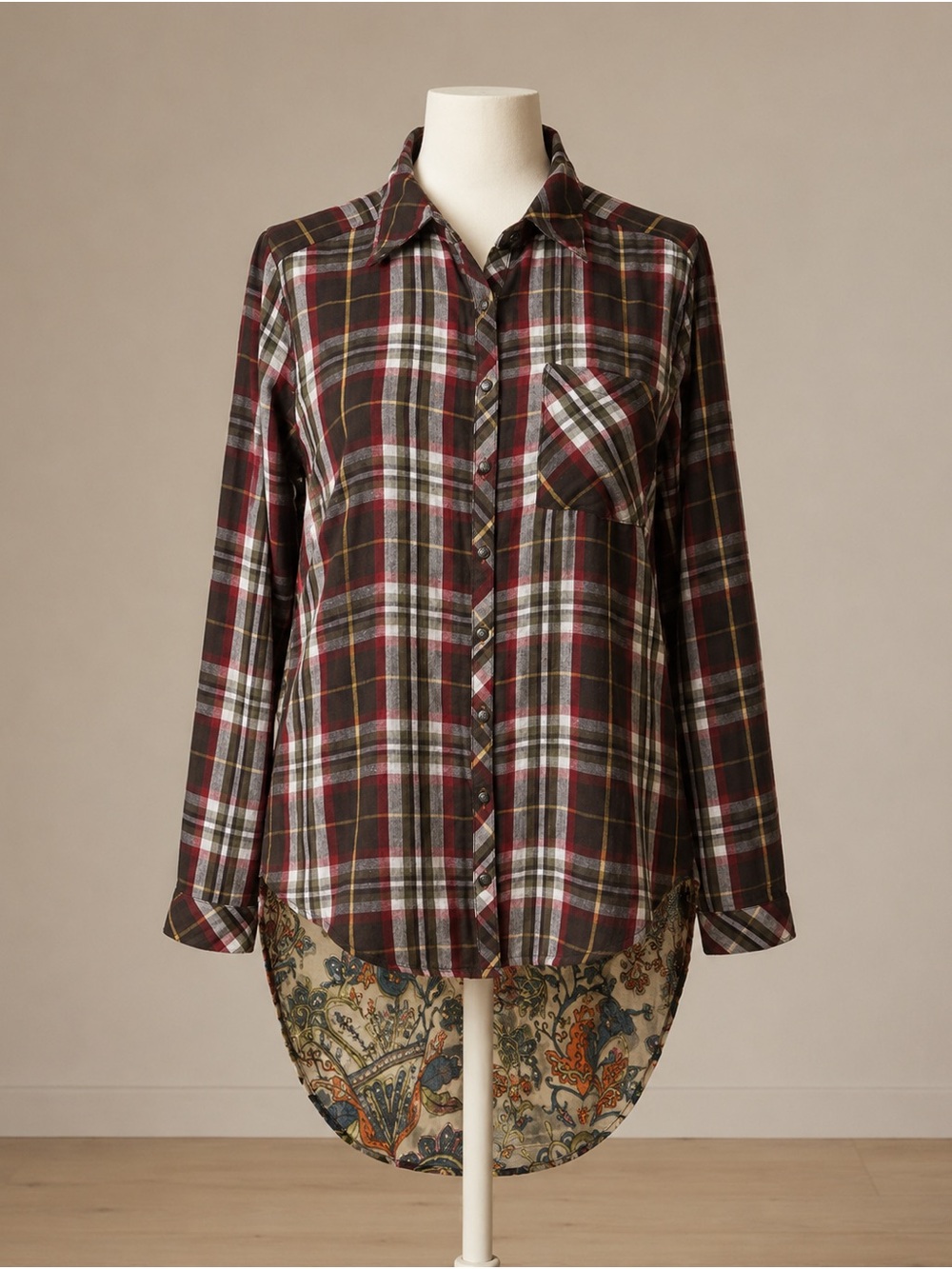 Aratta Silent Journey Medium Plaid Paisley Mixed Print Hi-Low Tunic